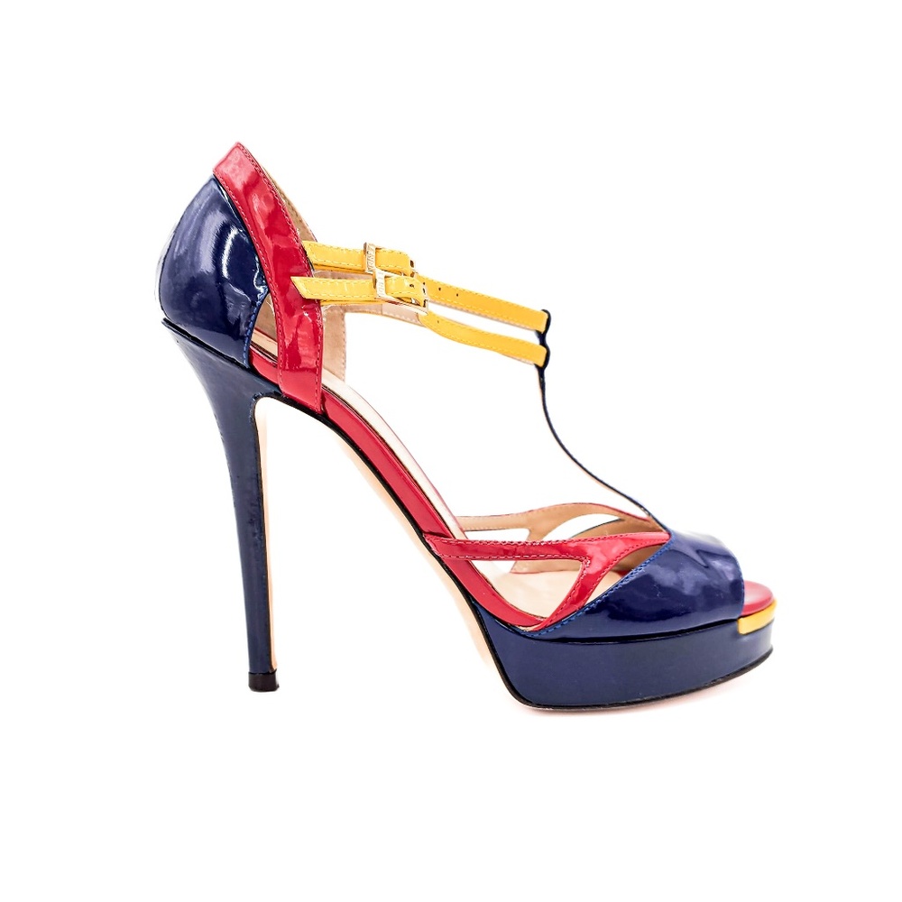FENDI Navy Red Patent Leather T-Strap Platform Heels EU 36.5